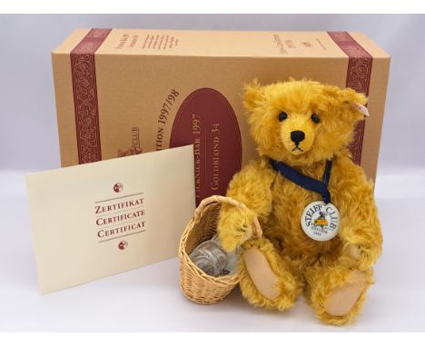 Steiff Club Edition Picnic Bear 1997, white tag 420108, limited to year of production, blonde mohair teddy bear holding wicke