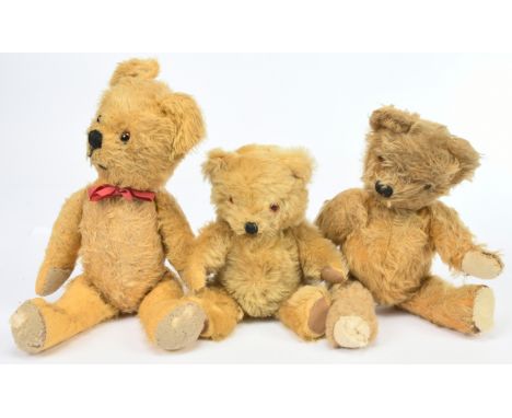 Chad Valley trio of vintage teddy bears, one with replacement leg, Poor to Fair, largest 16"/41cm.