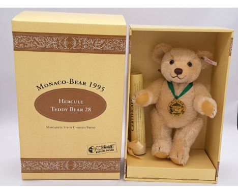 Steiff Hercule teddy bear 28, Monaco 1995, white tag 999079, LE 1816/3000, cream mohair, exclusive for the World Association 