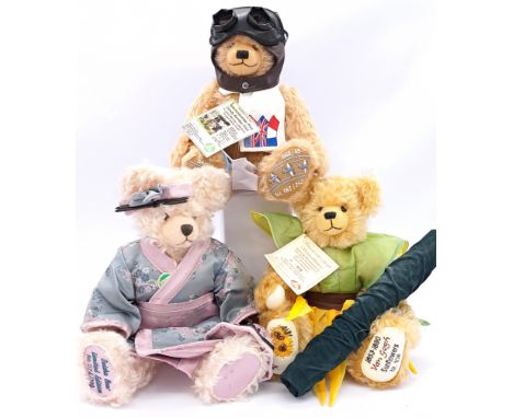 Hermann-Spielwaren teddy bear trio including: (1) Geisha bear, LE 74/199, peach mohair, MISSING swing label, 16"/41cm; (2) Vi