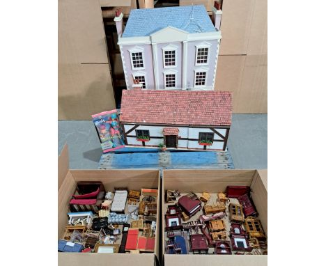 Dolls houses x two and dolls furniture house plus others including: (1) Large town house, two floors with six rooms, wired (u