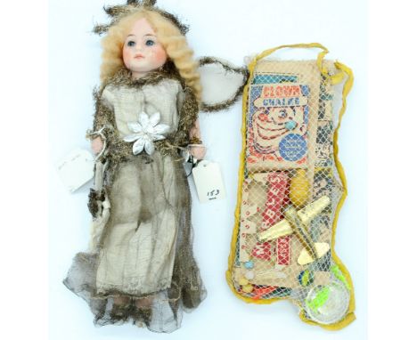 German wax over composition shoulder head antique angel doll, cloth body and composition lower limbs, original clothing, some