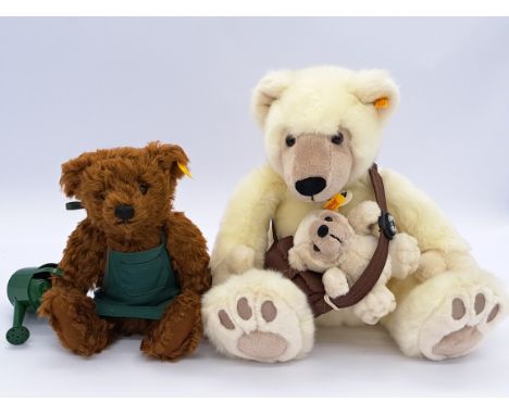 Pair of Steiff: (1) Saturday's Bear (Danbury Mint Bears of the Week) yellow tag 654640, chocolate brown mohair, missing hat, 