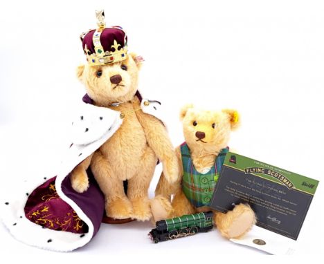 Steiff Danbury Mint teddy bear pair including: (1) Flying Scotsman teddy bear, yellow tag 004230, blonde mohair, comes with a