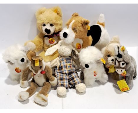 Steiff assortment of plush animals x 8, including Treff 4140/30, Molly 021053, and others. Fair Plus (some with marks, would 