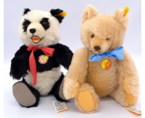 Steiff pair of mohair bears including Panda-Bar 1938 replica, 408311, with tags, Good Plus, 14"/36cm; and Original Teddybar, 