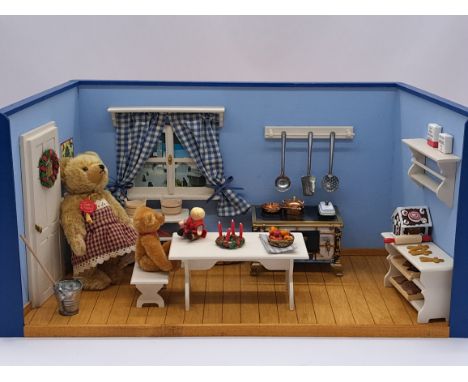 Teddy Hermann kitchen diorama, including two mohair bears, one with swing labels; wooden diorama with accessories and miniatu