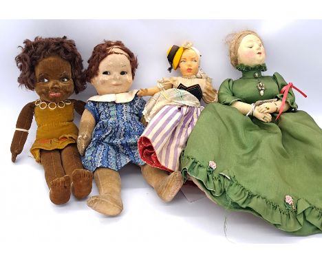 Group of vintage and antique cloth/felt dolls, including Chad Valley Bambina Lucy Attwell doll, c. 1930s, side glancing inset