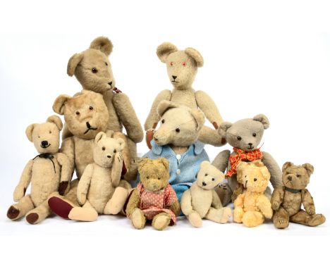 Vintage teddy bears, includes artificial silk plush, mohair and wool plush, Fair Plus to Good, largest 18"/46cm and smallest 