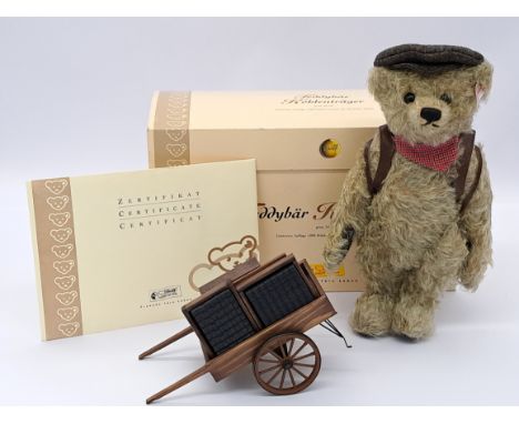 Steiff The Coal Carrier, white tag 656248, LE 546/1000 for KaDeWe of Berlin, grey mohair, with hand-cart and coal load, Near 