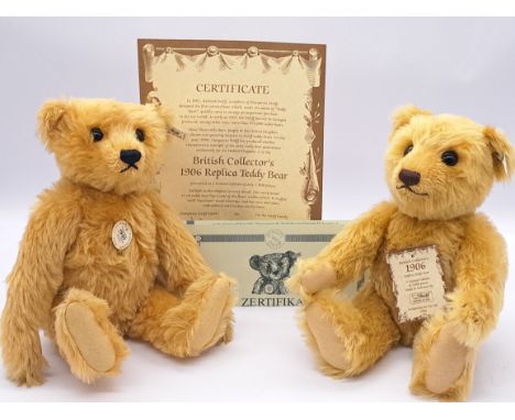 Steiff pair of replica teddy bears: (1) 1906 British Collectors replica 1906 teddy bear, white tag 406096, LE 84/3000, exclus