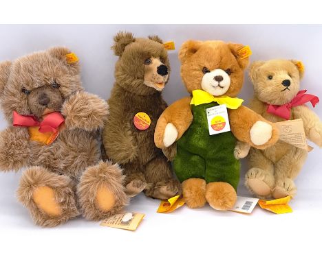 Steiff assortment of four plush and mohair teddy bears, including: Zotty 0305/30, 1909 replica 0166/25, MohairSoft 1212/25, a