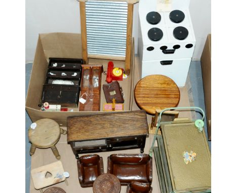 Collection of large-scale doll's house furniture and accessories, including Amersham trolley and large wooden oven with hob, 