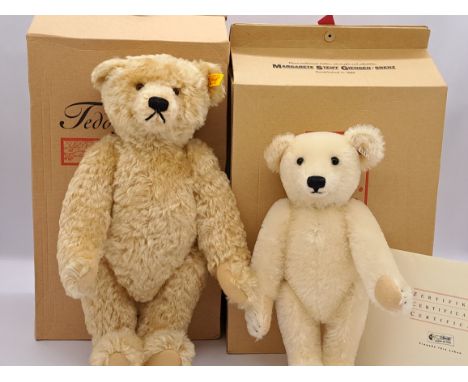 Steiff pair of bears: (1) 1920 Classic replica teddy bear, blonde mohair, yellow tag 000683, chest and swing tags (detached),