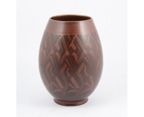 A Royal Copenhagen Faïence vase, swollen ovoid form, the brown glaze incised with stylised banding, shape 1697, 26.5cm high.