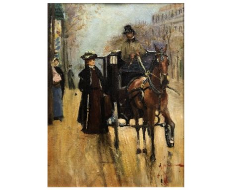 Russian school, Vladimir Moukhine, street scene, oil on canvas, 34cm x 24cm; A.L.B. Van Dierendonck, fisherman portrait, sign