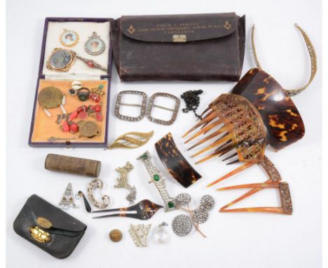 A collection of Victorian and later jewellery and accessories, a pendant marked 925 with paste set border and portrait to fro