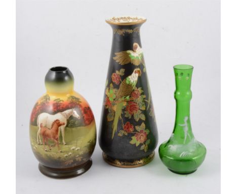 A pair of Crown Devon Soleilian Ware vases decorated with scenes with horses, signed S Fieldhouse, 31cm, a similar 23cm vase 