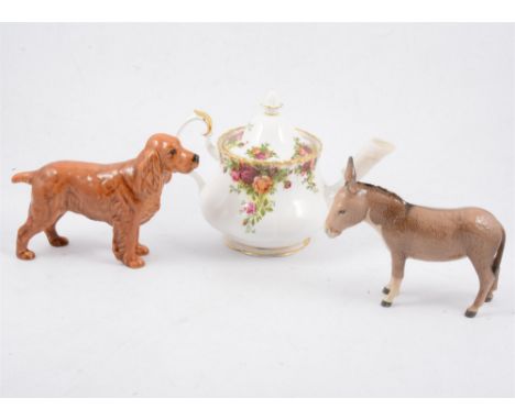 Beswick model of a Spaniel, Horseshoe Primula; Beswick Donkey; Royal Albert 'Old Country Roses' tea set; Hammersley bone chin