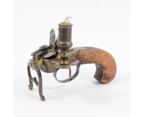 Boxlock flintlock tinder lighter, early 19th century style, walnut stock, length 14cm.