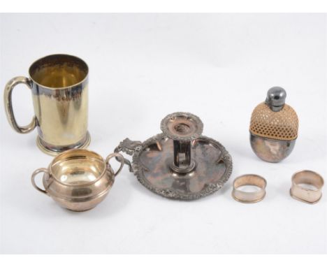 A silver scallop shape butter dish and silver sugar basin (marks rubbed); and a small collection of silver plate.