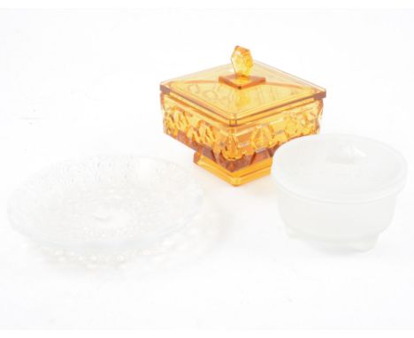 René Lalique, 'Oursins' an opalescent glass dish, 16.5cm, etched R Lalique, (polished rim), a pressed amber glass box and cov