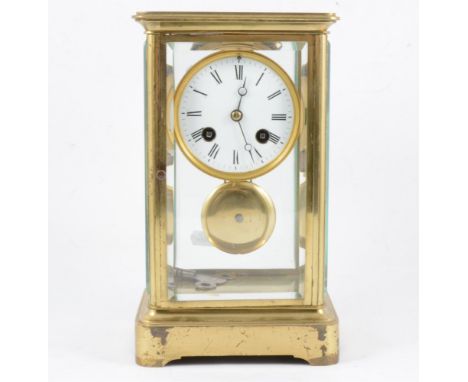 A gilded brass four glass mantel clock, white enamel dial, cylinder movement stamped UP Brevet striking on a bell, 25cm.