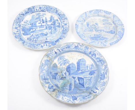 A collection of Staffordshire pottery transferware, including plates, saucers, etc.