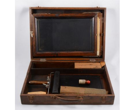 Vintage portable screenprinting/ mimeograph box in an oak carry case, fitted with roller, ink plate, and printing plate, stam