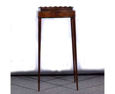 Victorian mahogany tray top candle stand, wavy gallery, serpentine top and a frieze with a slide, square tapering legs, width