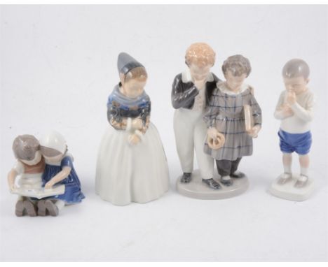 Four Royal Copenhagen figures of children - young girl in long dress 1251 20cm, young boy with apples 1696 18cm, boy and girl