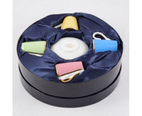 Royal Worcester boxed set of coffee cans, harlequin colours