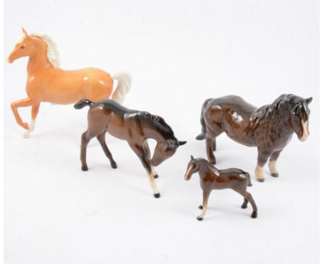 Six Beswick and Melba ware horses, one palomino, the others brown gloss, a Wade Beneagles decanter and Wade tortoise and trou