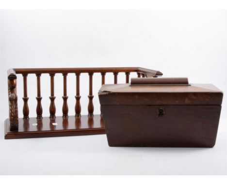 Walnut book rack, made in the Regency style, plinth base, 40cm, and a mahogany tea caddy (2)