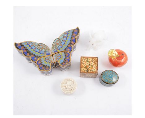 A four-section cloisonné butterfly box, a mahogany tea caddy, a small collection of papier mache boxes, a Chinese carved ivor