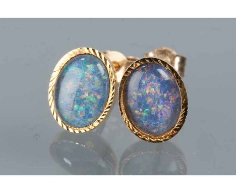 PAIR OF BLUE OPAL STUD EARRINGS
each set with an oval cabochon opal 7.5mm long, in unmarked setting