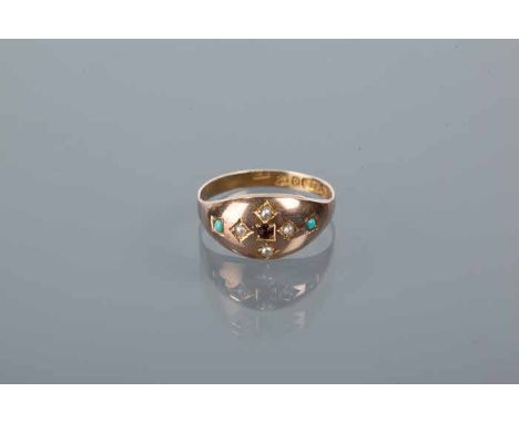 VICTORIAN NINE CARAT GOLD RUBY AND SEED PEARL RING
the central ruby flanked by seed pearls, hallmarked nine carat gold, Chest