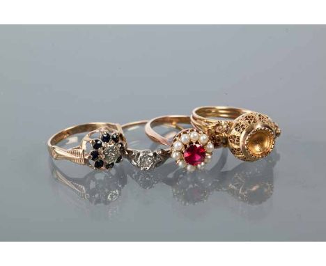 COLLECTION OF FOUR NINE CARAT GOLD RINGS
including a diamond solitaire ring, a diamond and sapphire cluster ring, a ruby and 