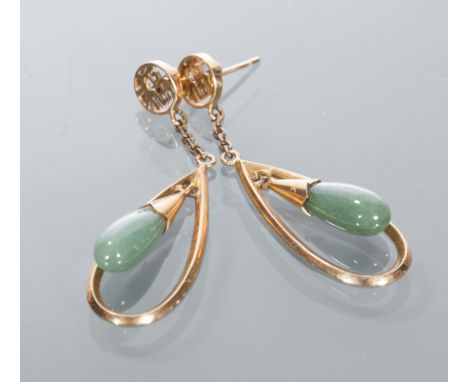 PAIR OF CHINESE JADE DROP EARRINGS
with a jade drop suspended below a Chinese character, unmarked, 47mm long