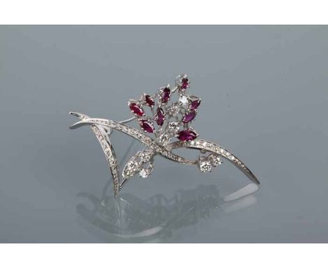 RUBY AND DIAMOND FLORAL SPRAY BROOCH
set with marquise cut rubies and brilliant cut diamonds, unmarked, 60mm across