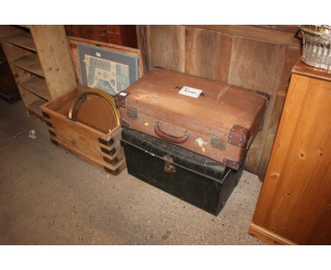 A pine blanket box; together with a suitcase ; and a tin trunk 