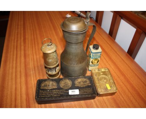 A WW1 Gift To The Troops tin; together with a brass miners lamp, an antique pewter jug, a Gift of The Colonies tin etc.