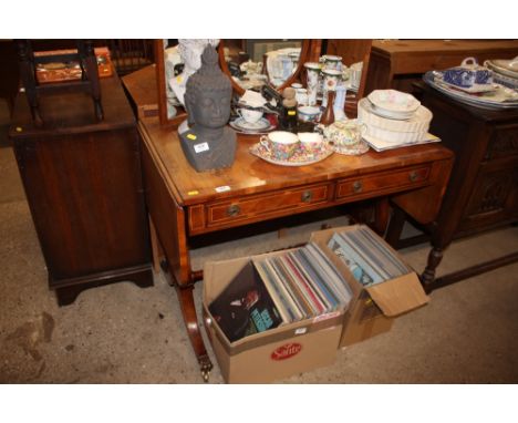 A reproduction yew wood drop leaf sofa table fitted two drawers 