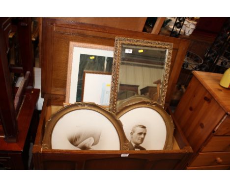 A gilt framed oblong mirror together with two gilt framed oval portrait prints; and various other decorative prints and mirro