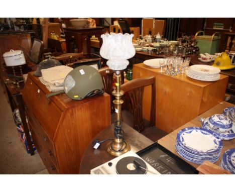 A brass table lamp with mottled glass shade 