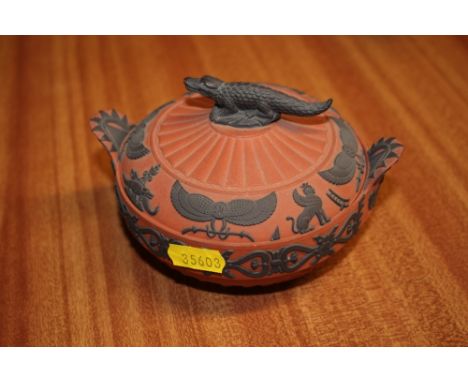 A 19th Century Wedgwood Egyptian revival red and black basalt bowl and cover with crocodile finial 
