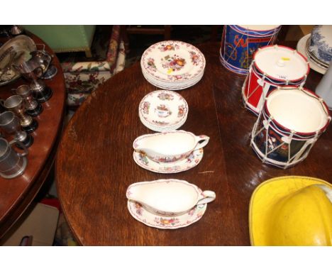 A quantity of Masons iron stone "Fruit Basket" dinner plates, two sauce boats on stands and saucers 