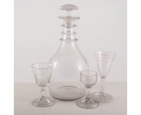 Georgian mallet-shaped decanter, triple ring neck, matched stopper, 26cm, a glass funnel and a collection eight English drink