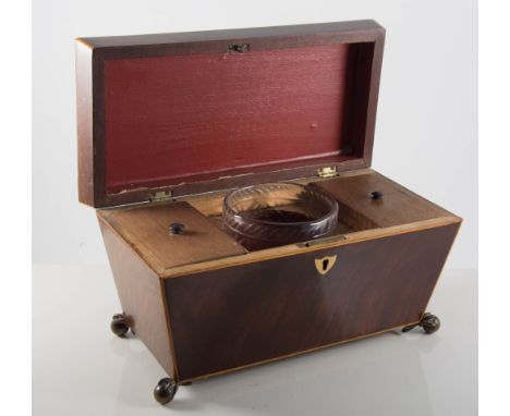 Victorian mahogany sarcophagus-shape tea caddy, with a cut glass mixing bowl, width 28cm.