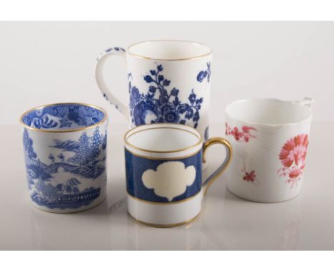 A blue and white mug with Worcester mark, printed fruit, 10cm, coffee cans and a set of knives.